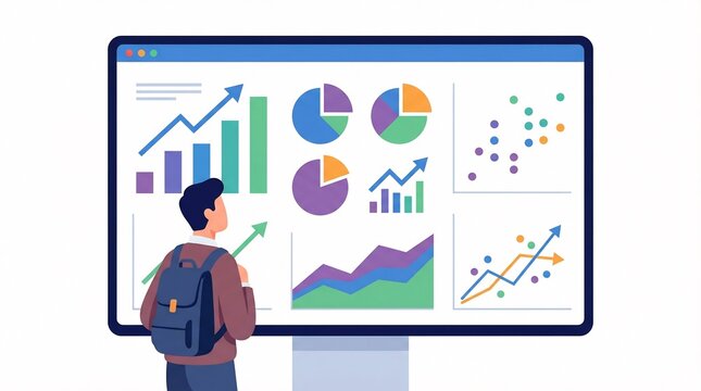 Student views complex financial data visualizations including bar charts, pie charts, and scatter plots displayed on a large computer monitor.