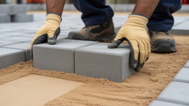 Close-up of a worker wearing yellow protective gloves laying grey concrete paving stones on a sand base for a landscaping project