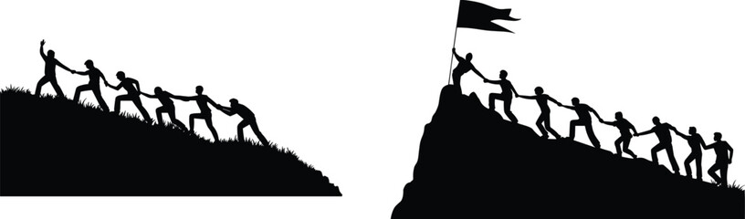 Teamwork Silhouette of Business People Climbing Mountain and Reaching Flag on Peak Leadership Success Concept Vector Illustration Isolated on White Background