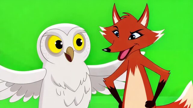 Cartoon animation of friendly fox and owl on green screen background animated characters for children educational videos