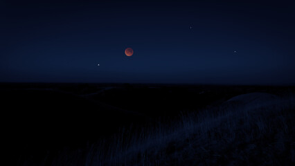 Blue hour time with lunar eclipse, stars and planets above landscape silhouettes. © astrosystem
