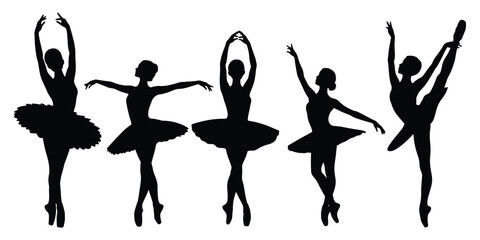 Five Black Silhouettes of Ballerinas in Various Poses on White Background Keywords: ballerina, ballet, dancer, silhouette © MST Hasina