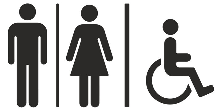 Male Female and Disabled Person Restroom Signs On White Background Keywords: male restroom sign, female restroom sign, disabled