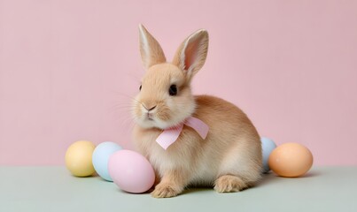 light brown easter bunny full body on his back legs holding a decorated easter egg with his front paws on a solid pastel pink and green background