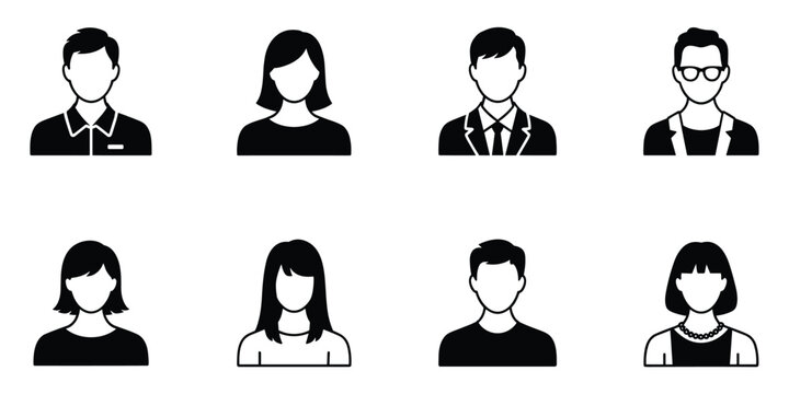 Set of eight black and white user profile icons for men and women user icon avatar