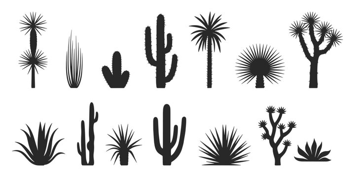 Silhouette collection of desert plants including cacti and succulents on a white background Keywords: silhouette, desert, plants