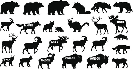 Black wild animal silhouettes set with bear, fox, deer, moose, and bison icons, wildlife nature silhouettes collection on white background © Baizid