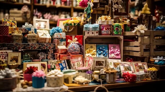 A shop display shelf full of ornately wrapped gifts, boxes, and jars of varying sizes