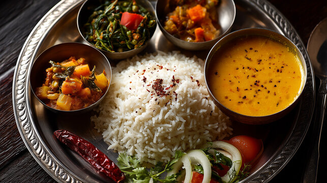 Thali nepal&iacute; tradicional con arroz, lentejas y verduras servido en bandeja met&aacute;lica
