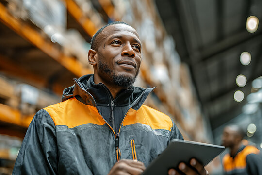Young African warehouse supervisor in orange and black jacket holding a tablet, three - quarter low - angle stance looking thoughtful among pallet racking