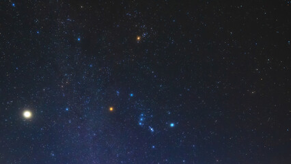 Orion constellation and Milky Way stars on a dark countryside skies.