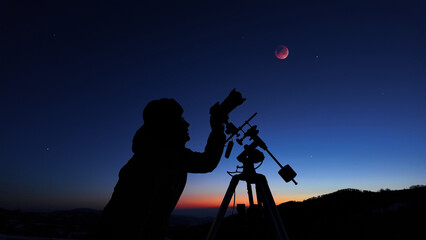 Amateur astronomer observing stars, planets, Moon eclipse and other celestial objects.
