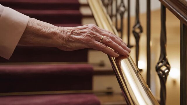 Elderly hand resting on a golden staircase railing for support.