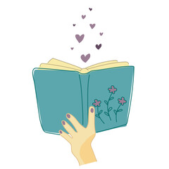 Woman hands holding an open book with hearts and flowers for love of reading