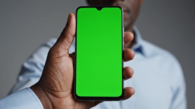 Close-up of a person holding a smartphone with a green screen, ready for content insertion and digital display.