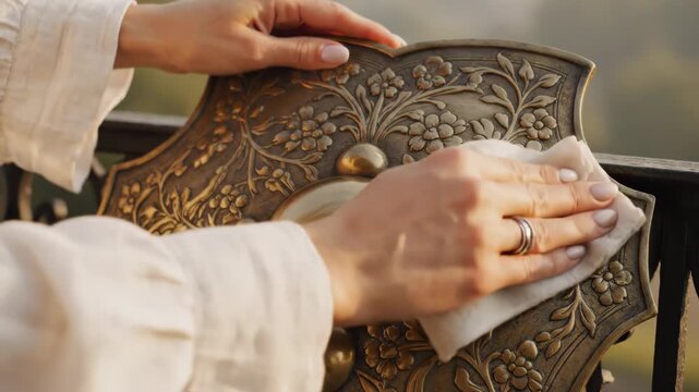 Cleaning and Polishing an Ornate Metal Object with a Soft Cloth.