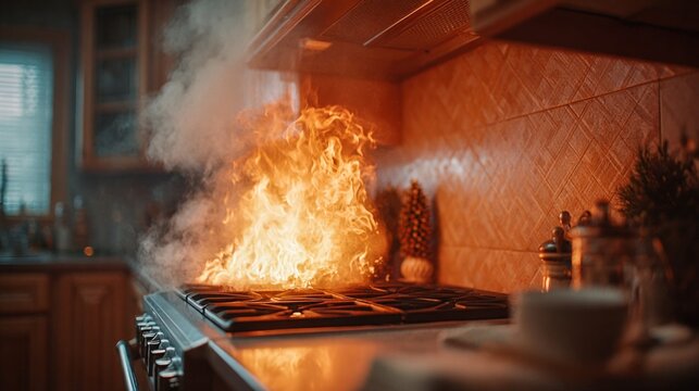 Kitchen stove fire erupts with intense flames and smoke, creating a dangerous situation