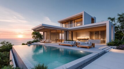 Fototapeta premium Luxury modern villa with infinity pool overlooking the ocean at sunset