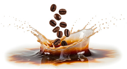Biji kopi panggang jatuh menciptakan cipratan dinamis dalam cairan kopi berlatar belakang putih