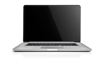 Modern silver laptop computer with a blank black screen on a white background