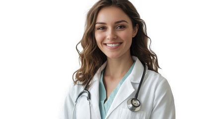 Fototapeta premium Portrait of a young professional female doctor with warm smile wearing white coat and stethoscope on transparent background