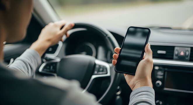 A person is texting and driving a car