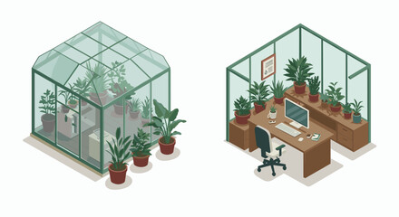 Obraz premium isometric office greenhouse with plants and desk setup modern workspace interior design