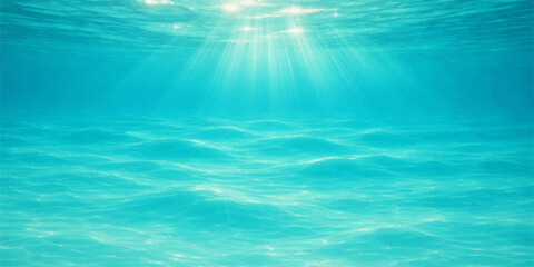 A deep blue ocean underwater scene featuring sunlight rays piercing the clear surface water with reflections and waves against a summer nature landscape horizon © Black Art