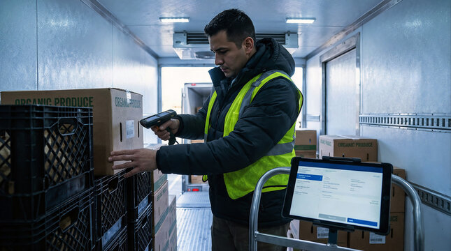 Warehouse worker scanning organic produce boxes inside refrigerated truck, cold chain logistics and inventory management