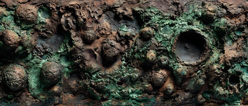 Detailed textured surface with crater-like formations and green patina