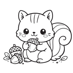 Cute vector illustration of a happy squirrel holding a pine cone, designed for coloring pages, with clean lines, soft shapes, and playful charm fun. © primus