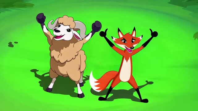 Cheerful animated ram and fox characters celebrating together on green background in a flat cartoon style animation