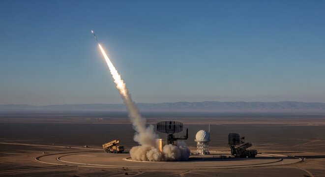 A missile is launched from a military base in a desert landscape under a clear blue sky.