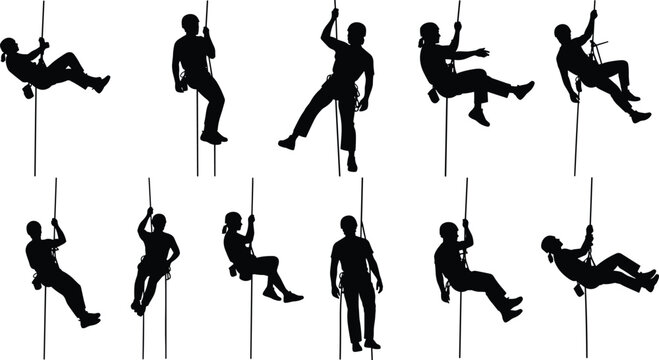 Rope access workers silhouette set, industrial climbers performing height safety operations with harness equipment isolated illustration collection