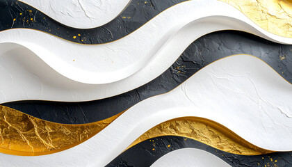 Obraz premium Abstract wave design with white, black, and gold textures, resembling papercraft