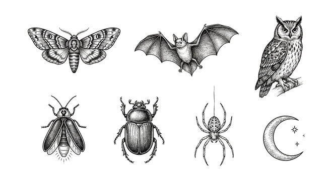 Antique etching garden night creatures set.