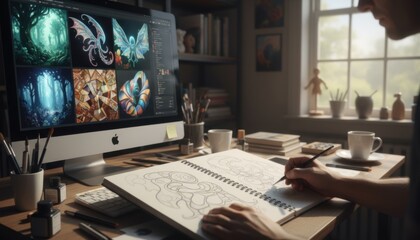 Artist sketching initial ideas in a notebook on a desk with a computer displaying digital art, 20260225 153820