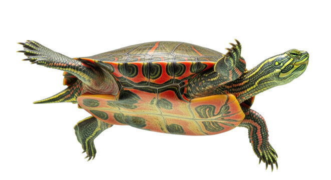 Isolated painted turtle basking in sunlight on its back a reptile with colorful shells