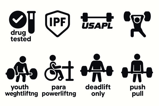 powerlifting and weightlifting icons set with drug tested and para powerlifting symbols in simple black silhouette style