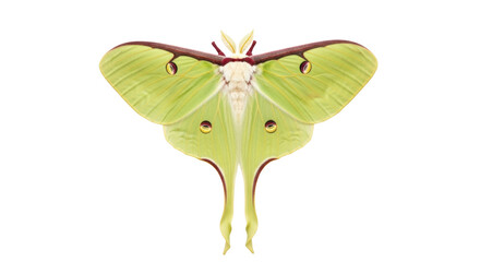 Isolated pale green luna moth with tails and spots, perched with wings spread wide open © Ophelia