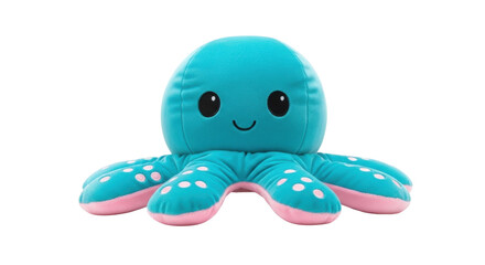 Isolated cute blue reversible octopus toy, plushie with happy expression, soft and cuddly