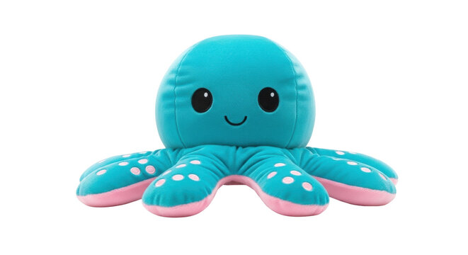 Isolated cute blue reversible octopus toy, plushie with happy expression, soft and cuddly
