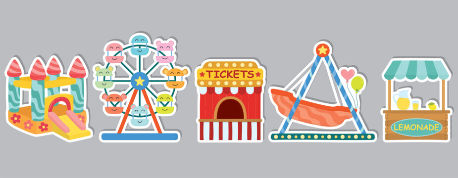 Stickers with amusement park attractions. Lemonade stand, ferris wheel, inflatable bounce house, ticket booth and swinging ship