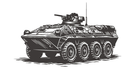 Armored personnel carrier vehicle with machine gun turret on top. © Alex