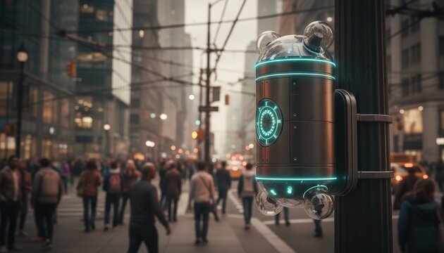 Closeup of a selfoptimizing small cell unit on a city street corner sharply focused while the bustling crowd and complex urban mesh network fade softly behind.