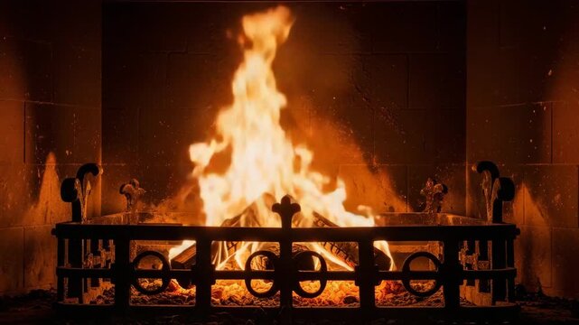 Cozy fireplace with roaring flames and decorative iron grate  