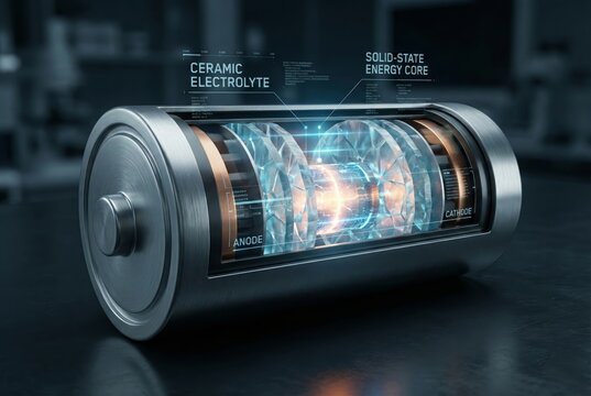 Solid-state energy storage concept with glowing core and futuristic data flow on dark circuit board
