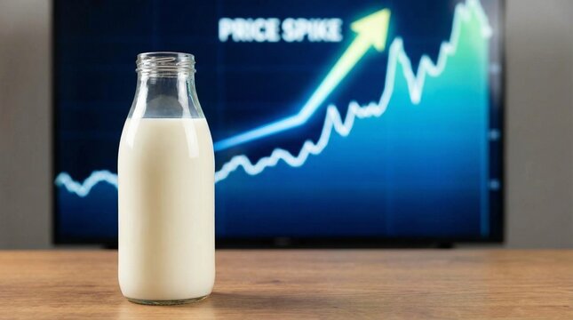 Milk bottle on table with rising price graph on screen in the background