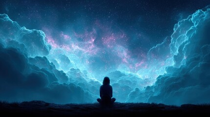Fototapeta premium Person meditating under a vibrant nebula and starry sky with glowing clouds