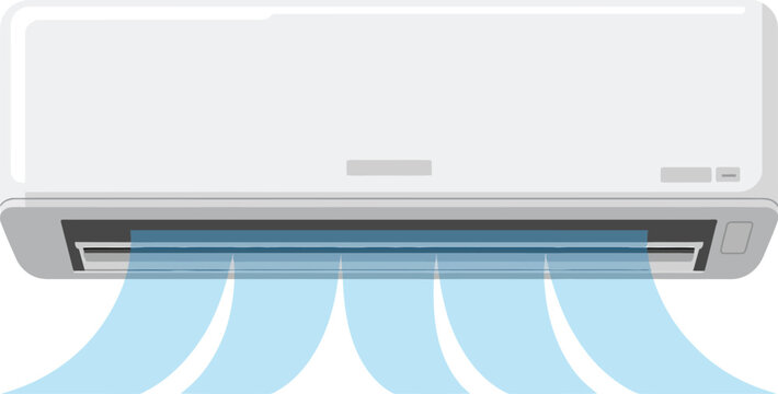 Sleek white air conditioner mounted on the wall, emitting gentle blue air currents, representing cool temperature and modern home climate solutions.